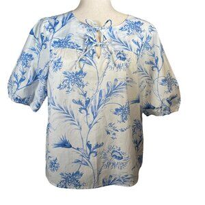 Talbots Tie Front Top Medium Blue White Cotton Ocean Flora Lightweight NWOT